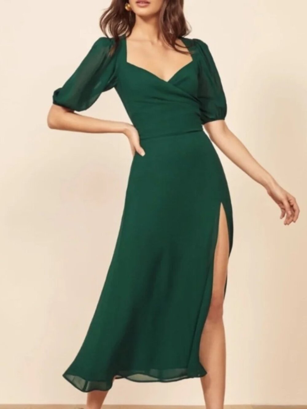 Reformation Dark Green Puff Sleeve Party Dress